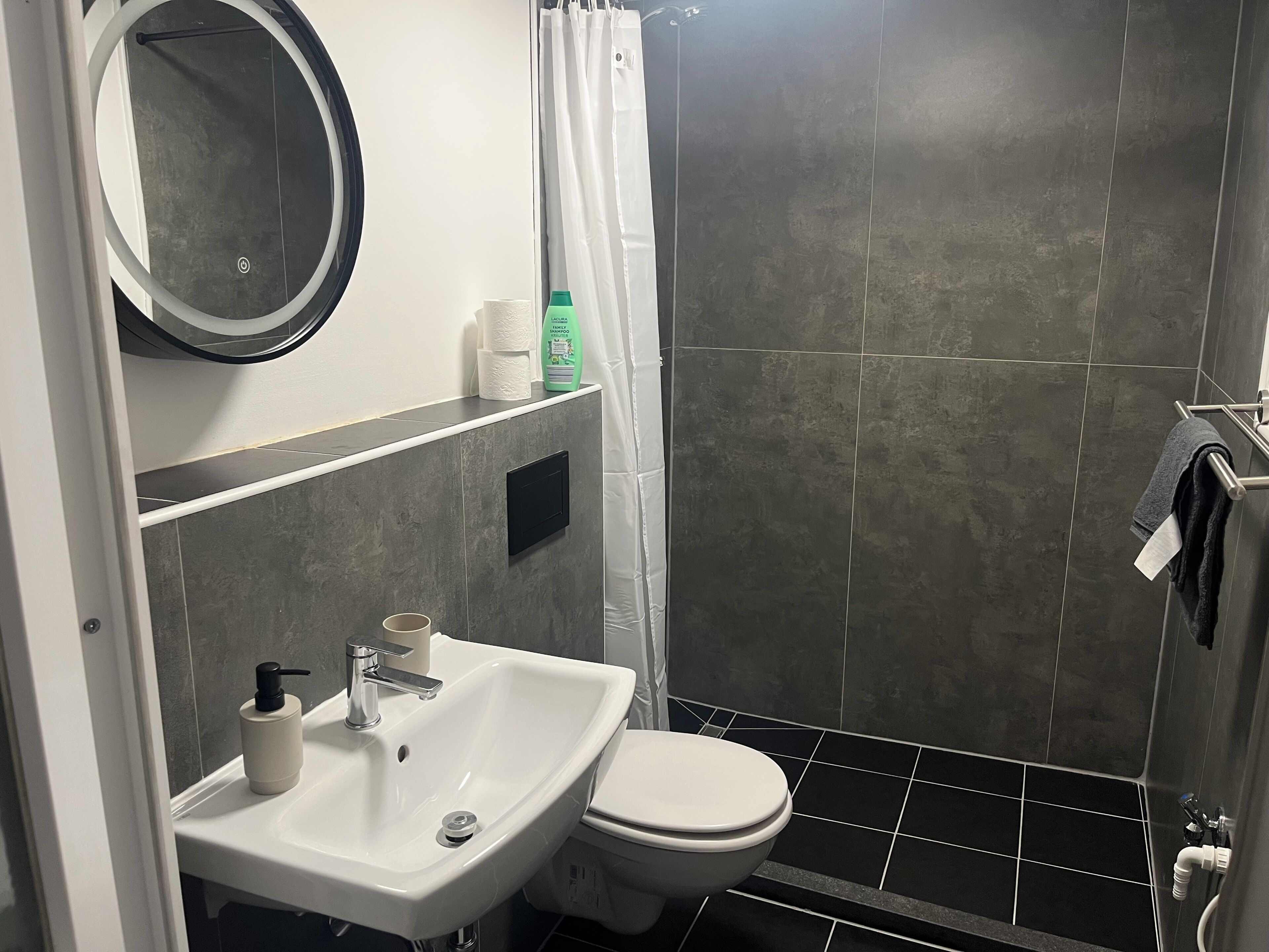 Séchoir à cheveux, serviettes fournies, savon, papier de toilette