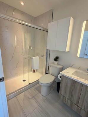 Een douche, een haardroger, shampoo