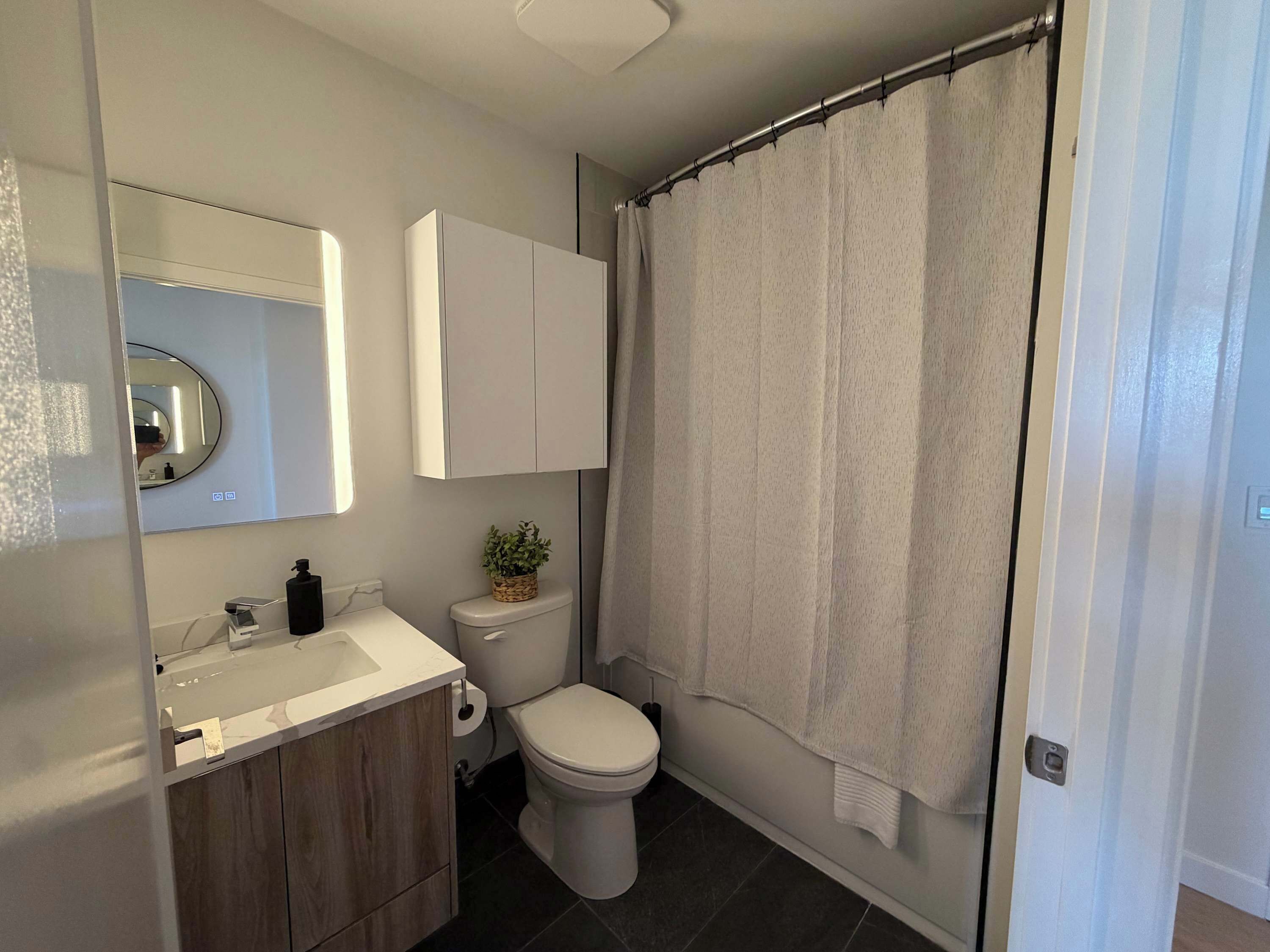 Shower, hair dryer, shampoo