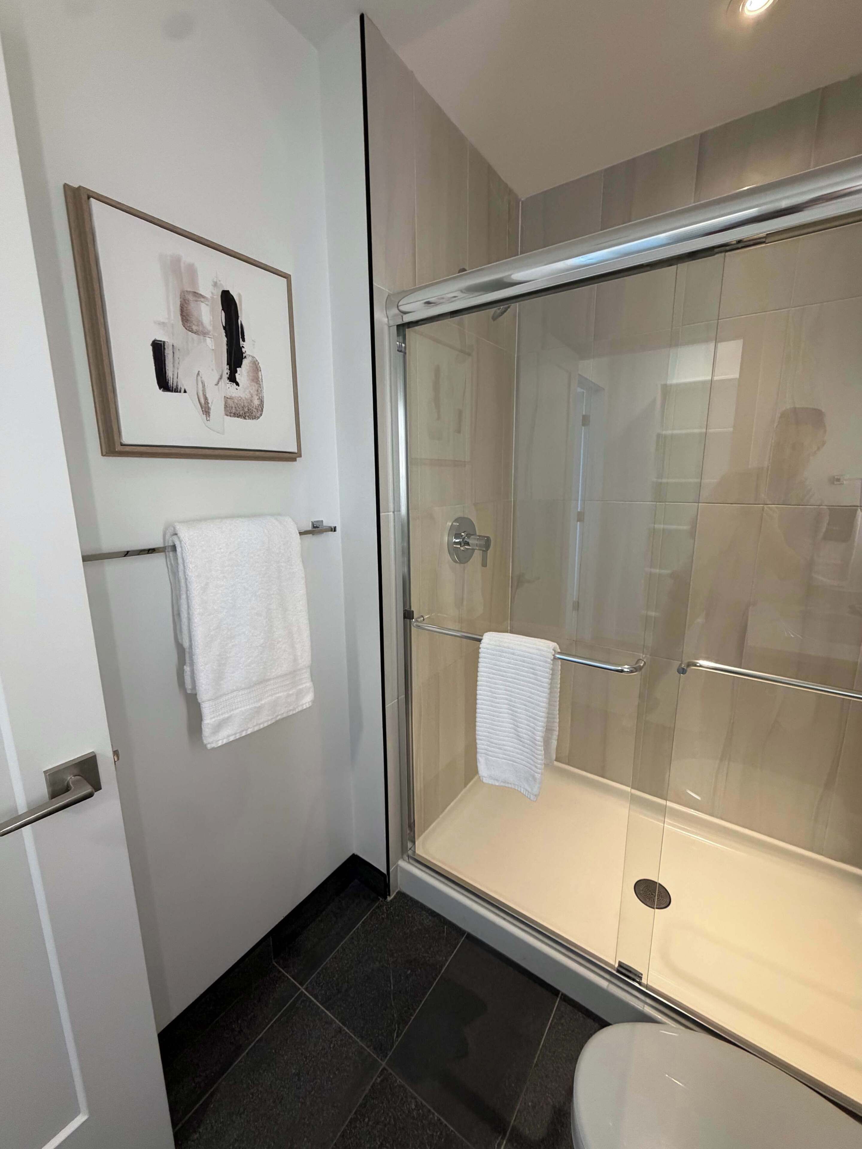 Shower, hair dryer, shampoo