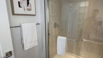 Shower, hair dryer, shampoo