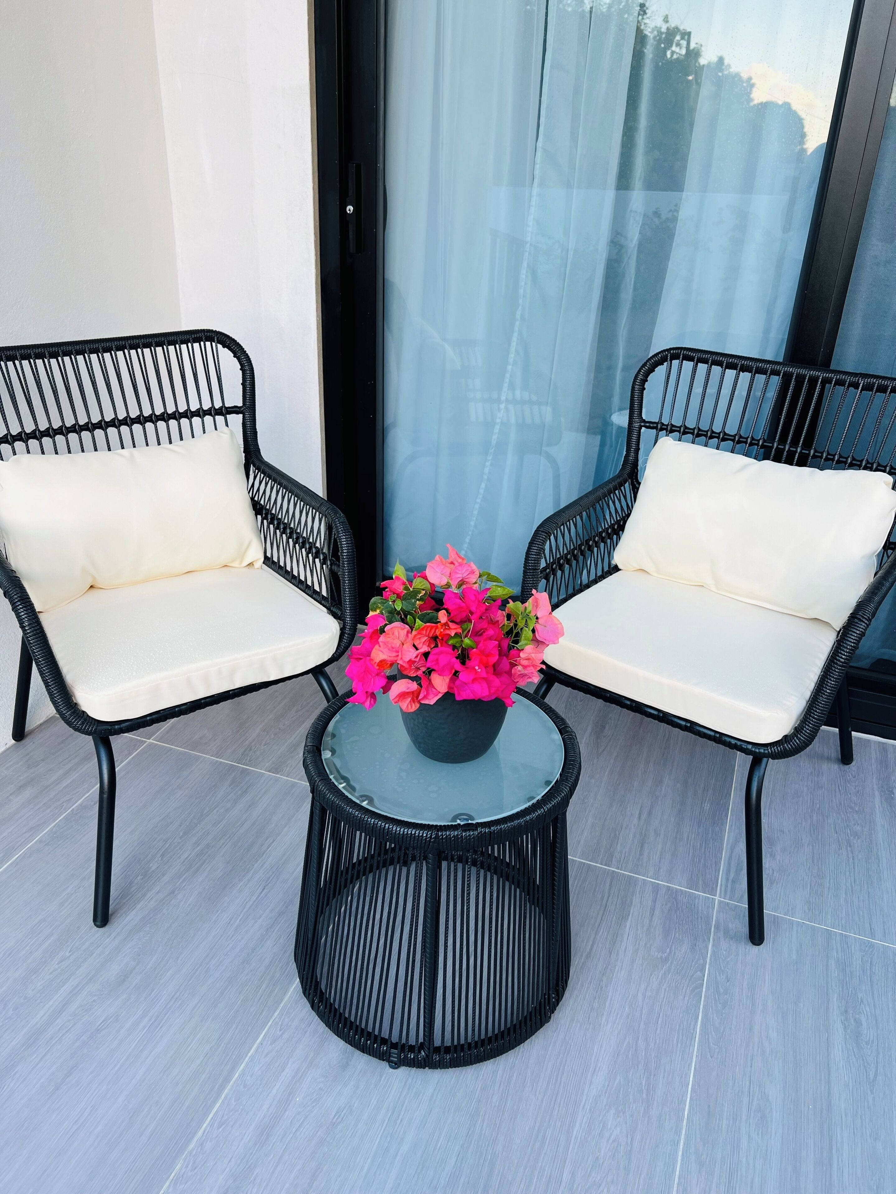 Zwei schwarze Korbstühle mit weißen Kissen und ein Glastisch mit einem Blumentopf.