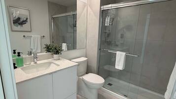 Shower, hair dryer, shampoo