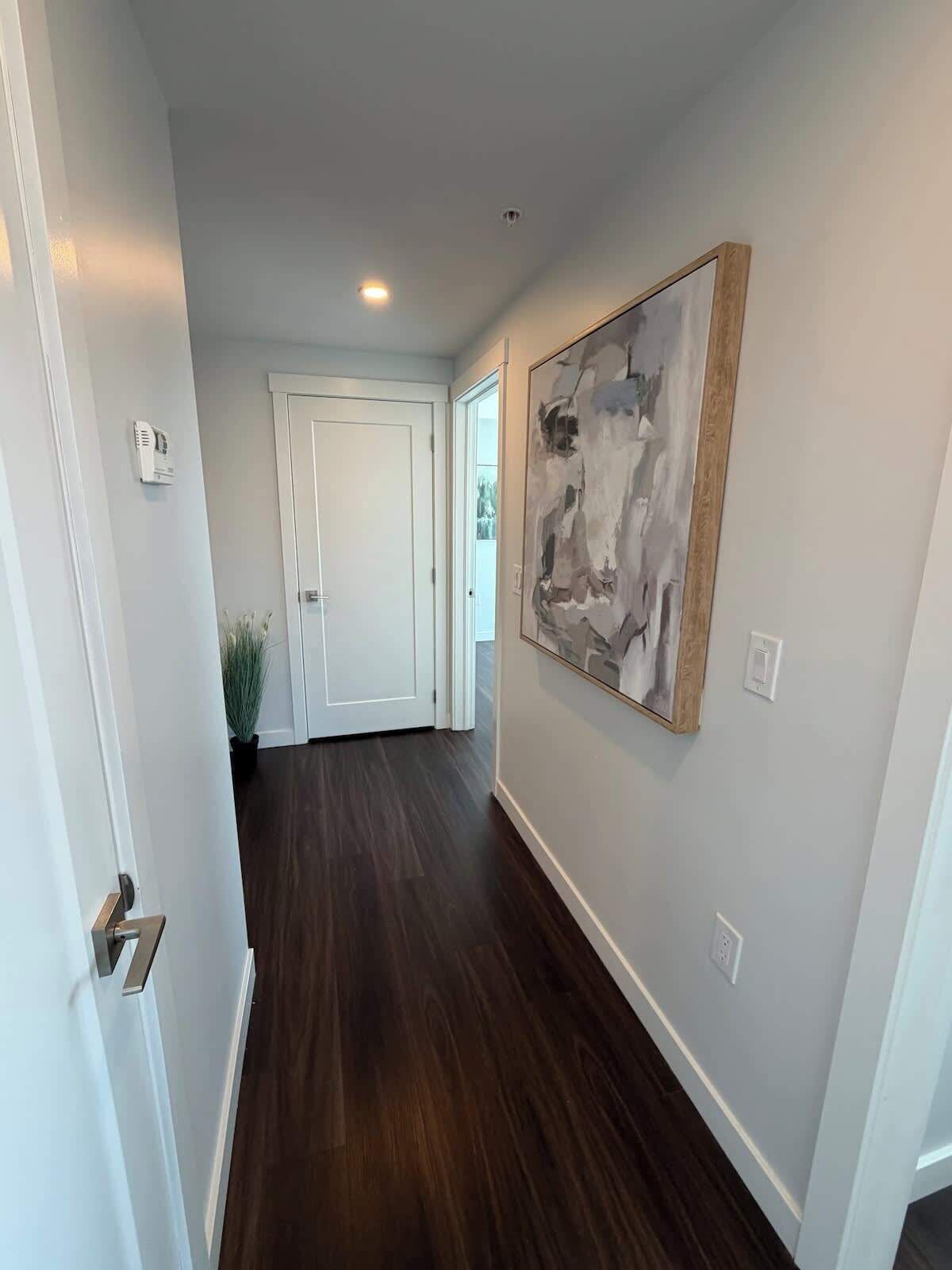 A hallway with a dark wood floor, a white door, and a painting on the wall.