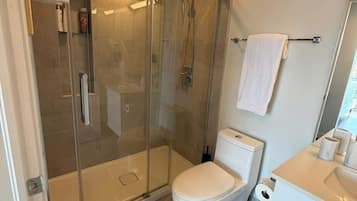 Shower, hair dryer, shampoo