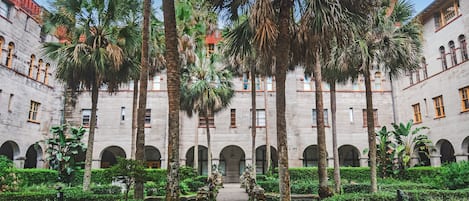 Un patio con un camino central, rodeado de palmeras y follaje, que lleva a un edificio con ventanas arqueadas y techo rojo.