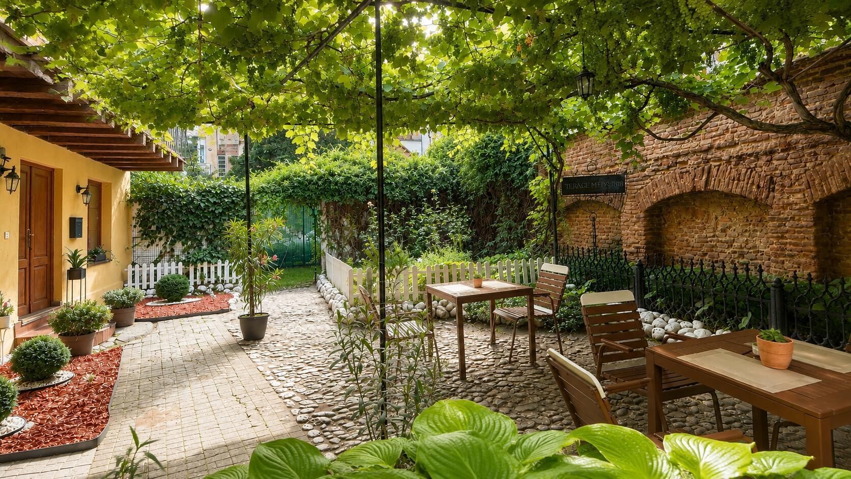 En gårdhave med murstensvæg, et træpergola og et siddeområde med et bord og stole.