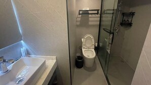 A modern bathroom with a glass shower enclosure, a white toilet, and a sink with a mirror.