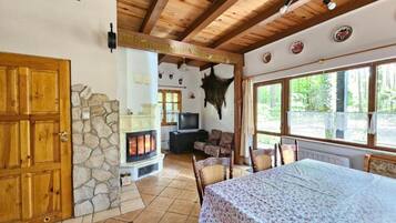 Una habitación acogedora con chimenea de piedra, vigas de madera en el techo, televisor y un ventanal con vistas al exterior.