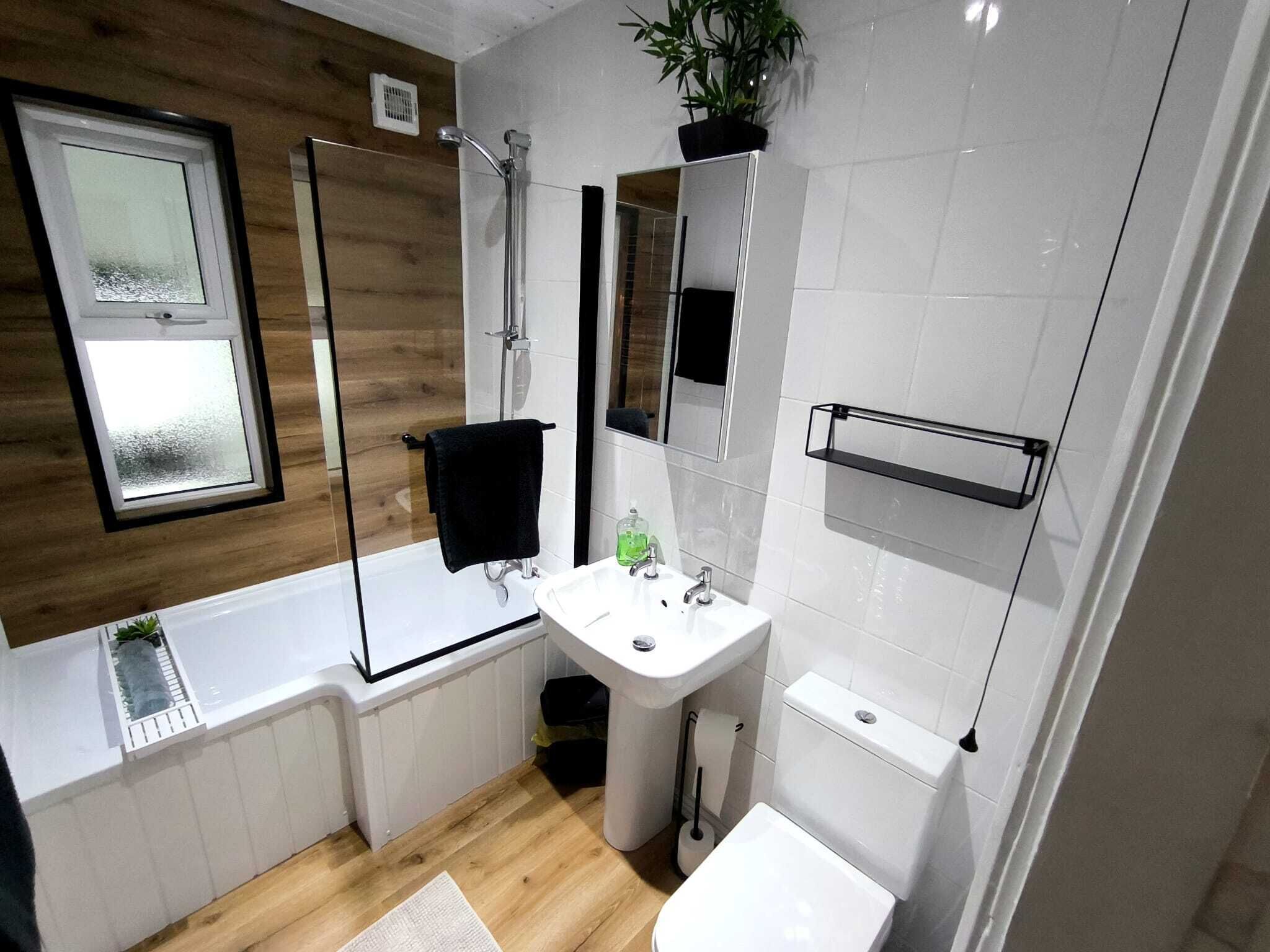 Hair dryer, towels, soap, shampoo