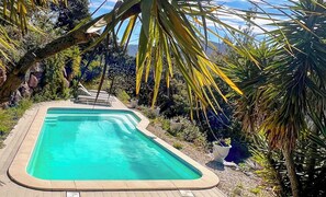 Ein rechteckiger Swimmingpool mit Holzterrasse, umgeben von tropischen Pflanzen und einer Steinmauer.