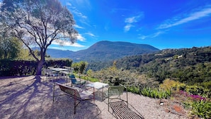 Eine Terrasse mit Gartenmöbeln, ein großer Baum und Blick auf ein Gebirge.