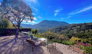 Eine Terrasse mit Gartenmöbeln, ein großer Baum und Blick auf ein Gebirge.