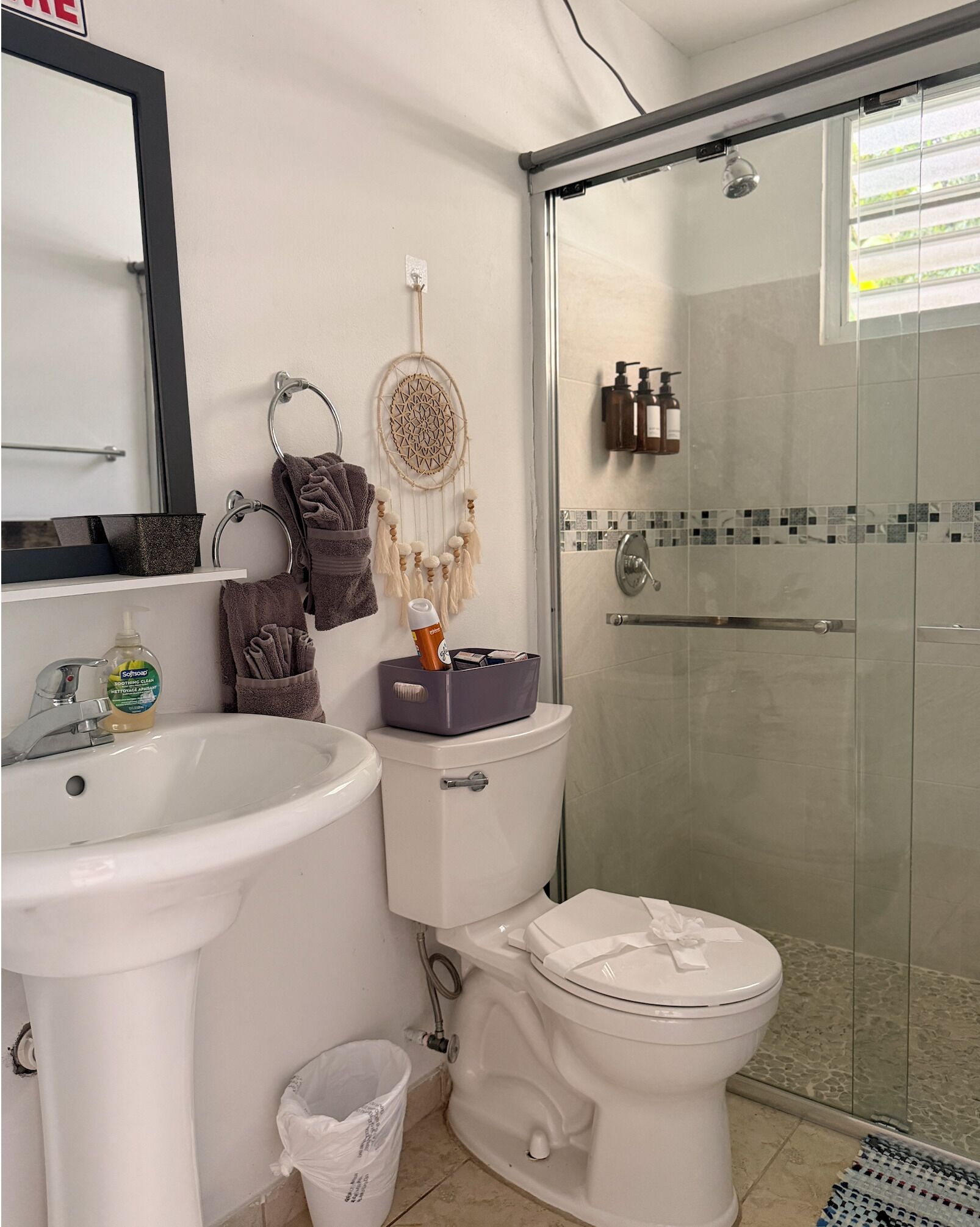 Hair dryer, towels, soap, toilet paper