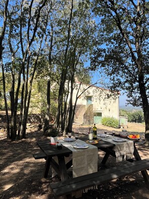 Outdoor dining - A unique Catalan farmhouse. A peaceful retreat for your vacation. Pets allowed. (Laroque-des-Albères)