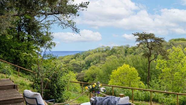 Eine Terrasse mit zwei Liegestühlen, einer Vase mit Blumen und Blick auf eine bewaldete Landschaft.