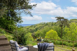 Una terraza con dos sillas de descanso, un florero con flores y vistas a un paisaje boscoso.