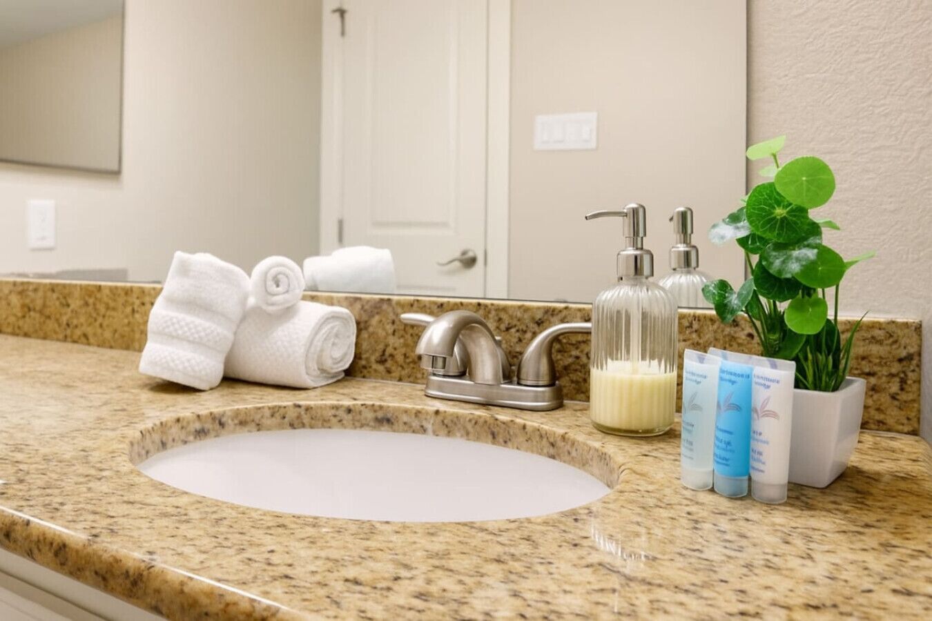 A bathroom with a granite countertop, a sink, a mirror, a towel rack, a soap dispenser, and a potted plant.