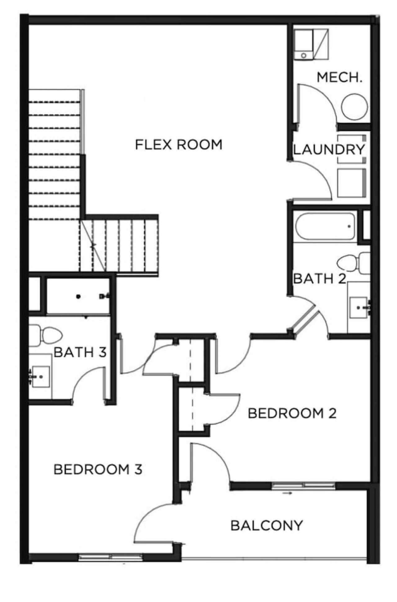 Grundriss einer Wohnung mit drei Schlafzimmern, einem Balkon, einem flexiblen Raum, einer Waschküche und zwei Bädern.