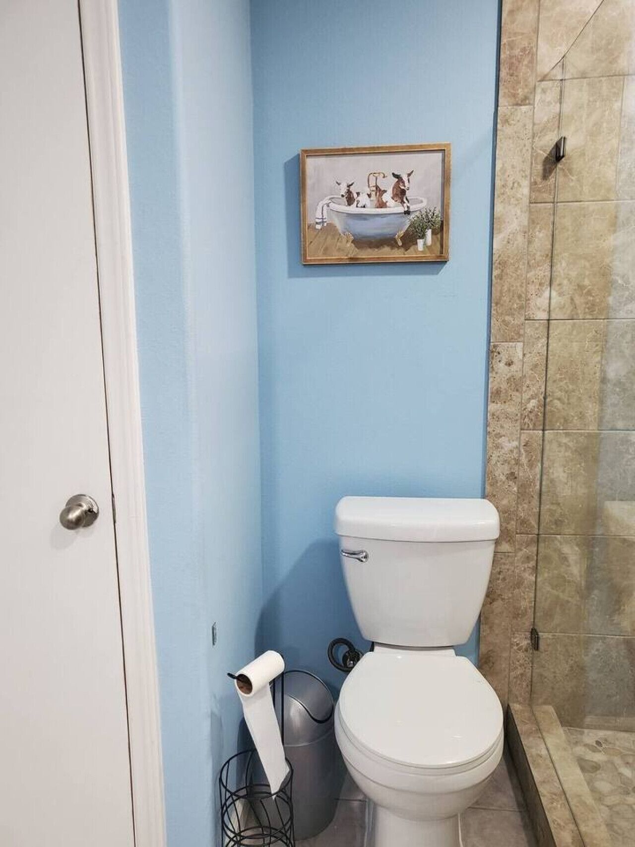 Une salle de bain avec des toilettes, un rouleau de papier toilette, une poubelle et un tableau encadré au mur.