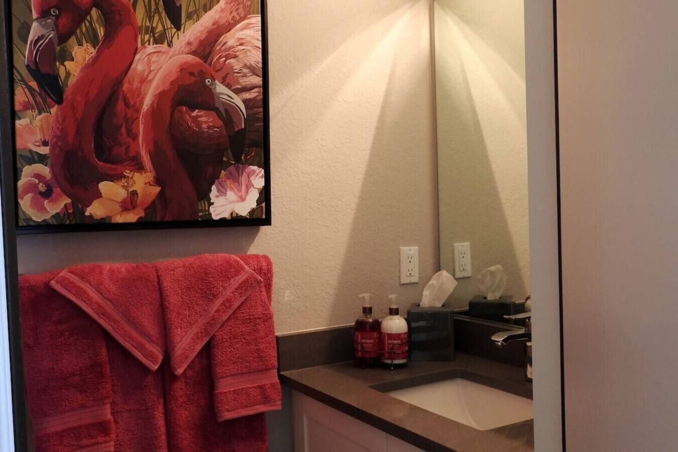 Une salle de bain avec un grand miroir, un lavabo et un porte-serviettes rouge.