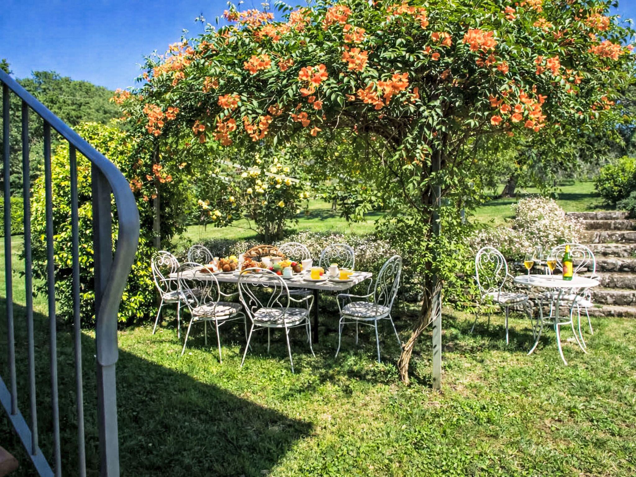 Un área de comedor al aire libre con sillas y mesas de metal, rodeada de exuberante follaje y árboles florecientes.