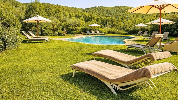 A pool area with lounge chairs and umbrellas, surrounded by lush greenery and hills. - Il Guscio by Interhome (Rufina)