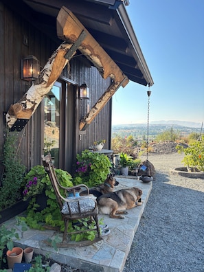 A rustic wooden house with a sloped roof, a porch with a bench, and a dog lying on the ground.