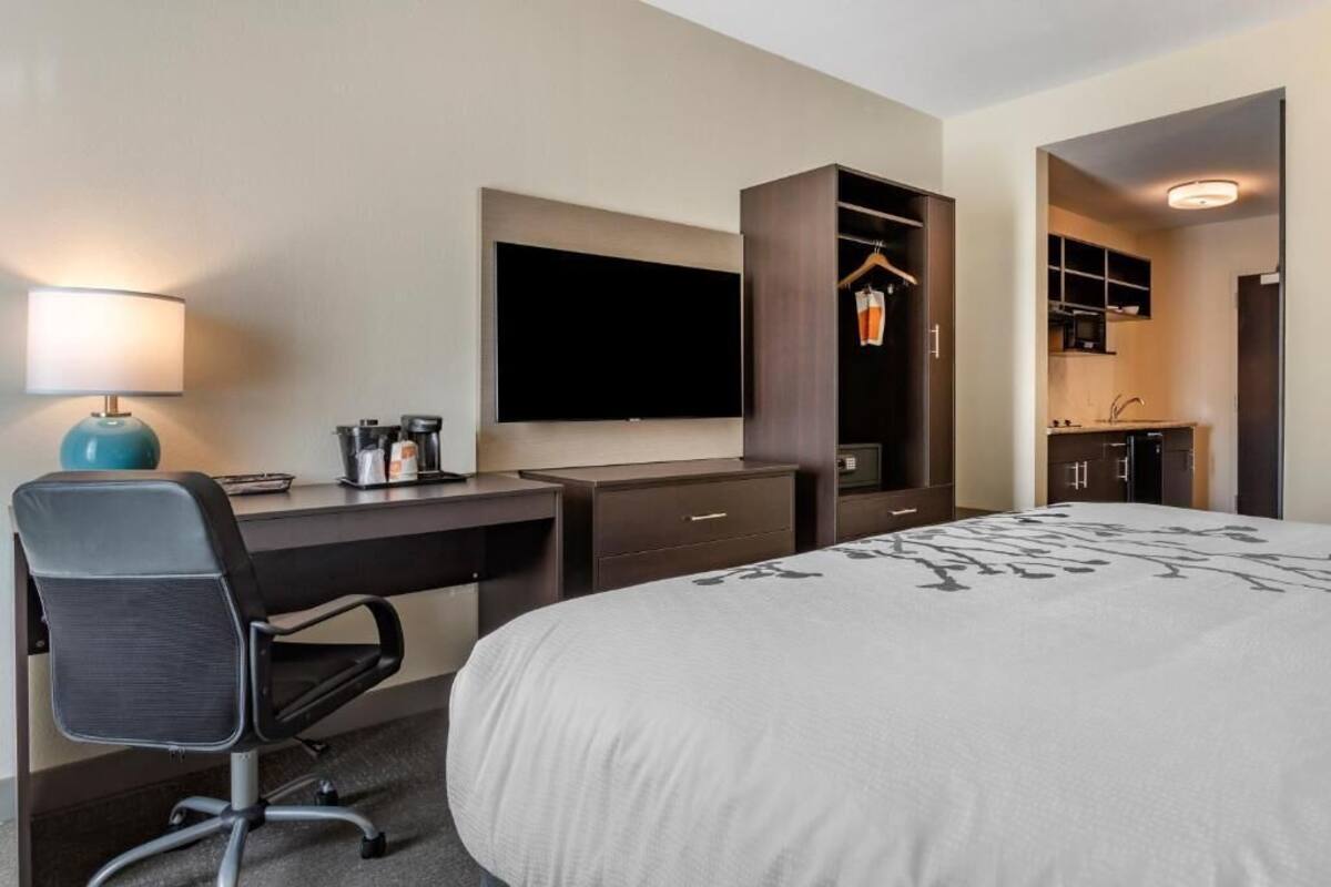 Una habitación de hotel con cama, escritorio, silla, televisión, armario y kitchenette.
