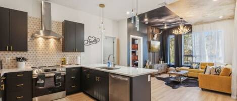 Fridge, microwave, oven, stovetop