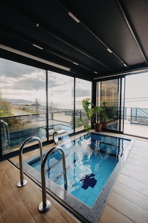 A modern indoor swimming pool with clear glass walls, potted plants, and a view of the surrounding landscape.
