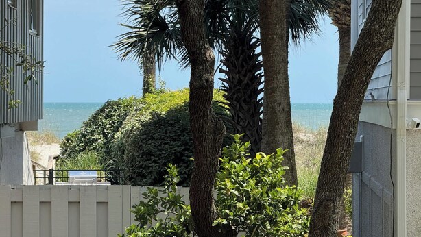 Zona residencial con vista al océano, palmeras y una cerca blanca.