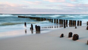 A beach with wooden posts and calm waves. - Comfortable Holiday Homes, Pool, Sauna, Jacuzzi (Darlowo)
