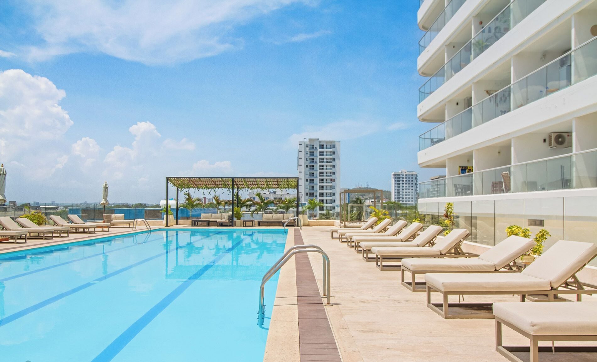 2 outdoor pools, pool umbrellas, pool loungers