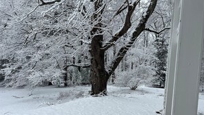 A snow-covered landscape with trees and a building. - Fabulous 4-bedroom villa in tranquil Caves Valley area in Baltimore County MD (Owings Mills)