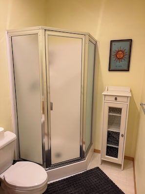 Shower, hair dryer, towels, soap