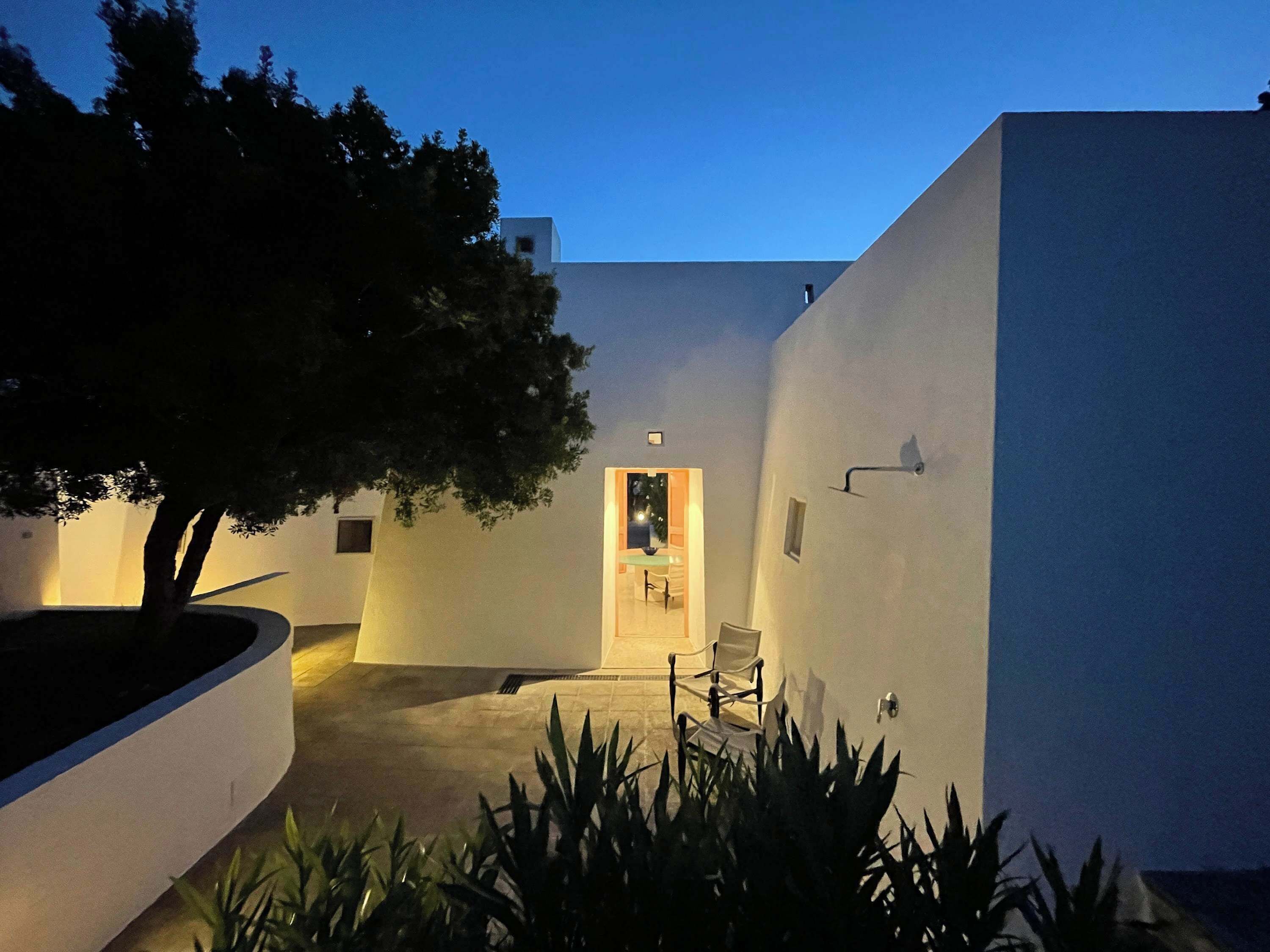 A modern building with a white exterior, a tree in the foreground, and a door leading to an interior space.