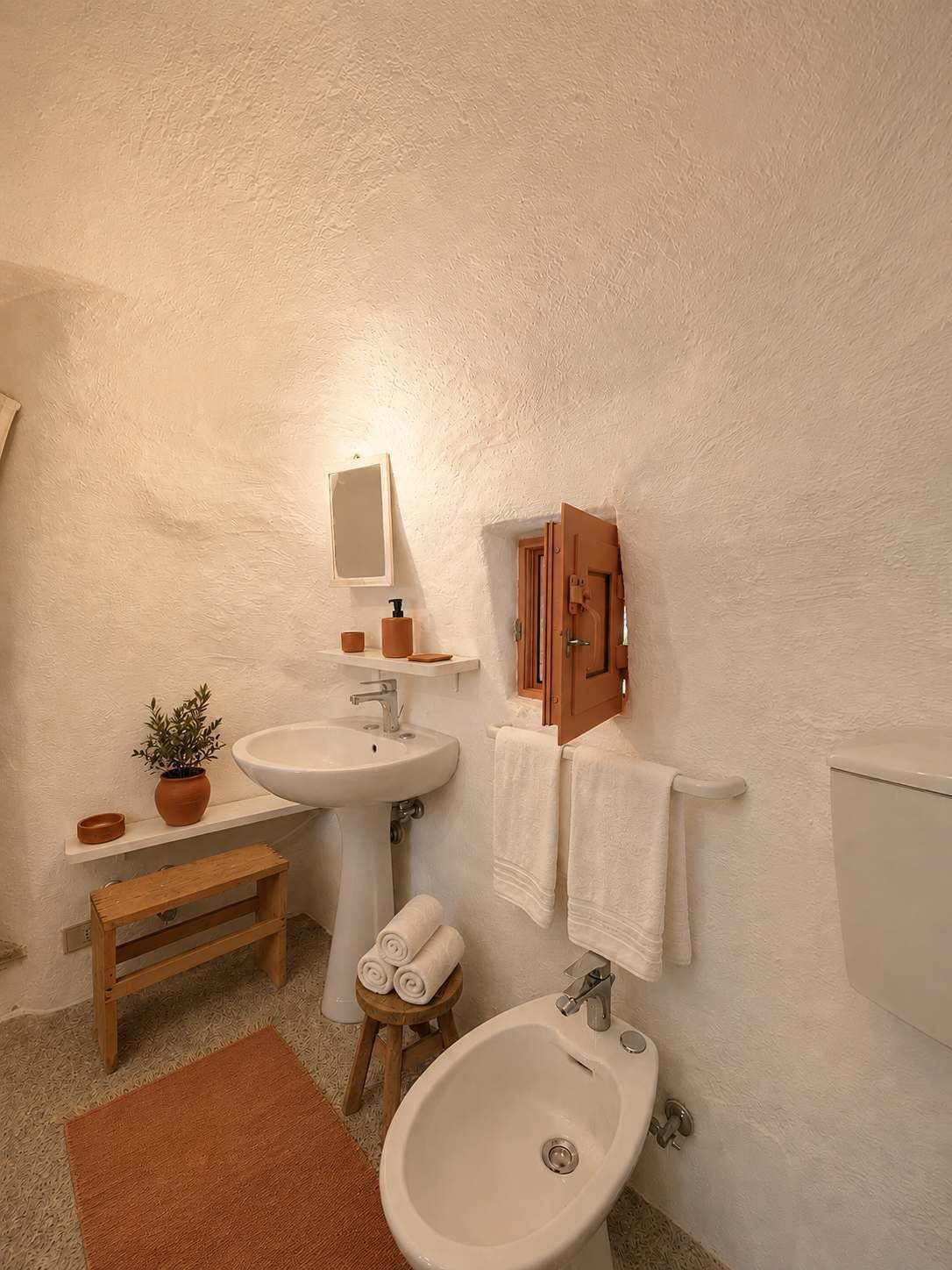 A bathroom with a sink, bidet, and a mirror. There is a wooden stool and a small potted plant.