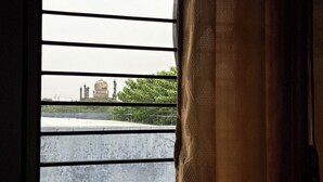 A window with horizontal bars, a view of a building with domes, and greenery.