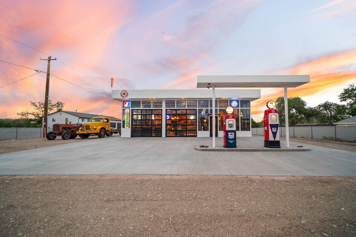 Front Exterior - Neon Lights, Vintage Gas Pump Decor & Large Glass Windows!