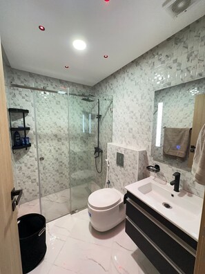 Hair dryer, towels, soap, toilet paper