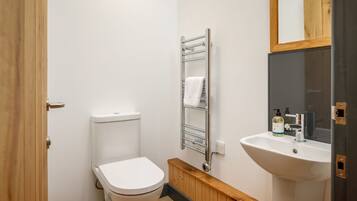 Une petite salle de bain moderne comprenant des toilettes, un porte-serviettes, un lavabo et un miroir.