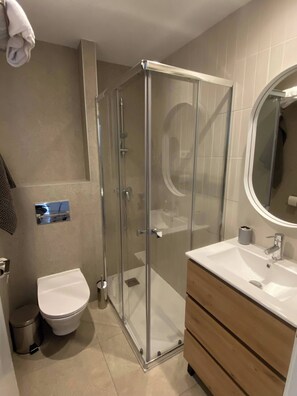 Et badeværelse med bruseniche, toilet, håndvask med spejl og et håndklæde hængende på væggen.