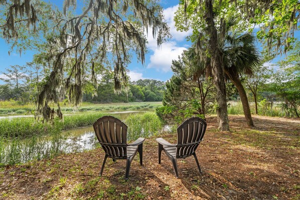 Zwei Adirondack-Stühle, die auf einen Teich mit Bäumen und Hängemos schauen.
