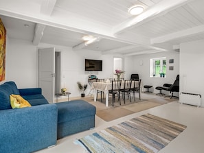 Ein modernes Wohnzimmer mit einer Couch, einem Esstisch mit Stühlen, einem an der Wand befestigten Fernseher und einer Heizung.
