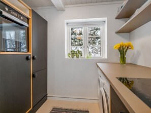 Eine moderne Küche mit Einbauofen, einem Fenster mit Blick auf schneebedeckte Bäume und einer Vase mit gelben Blumen auf der Arbeitsfläche.