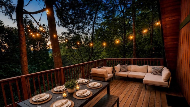 An outdoor deck with a wooden table set for dining, a sofa, and string lights. - Modern & Cozy, Family-Friendly Cabin (Lake Arrowhead)