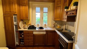 A compact kitchen with wooden cabinets, a built-in dishwasher, and a stove. - Farmhouse - Villa Montesegnale (Bolsena)