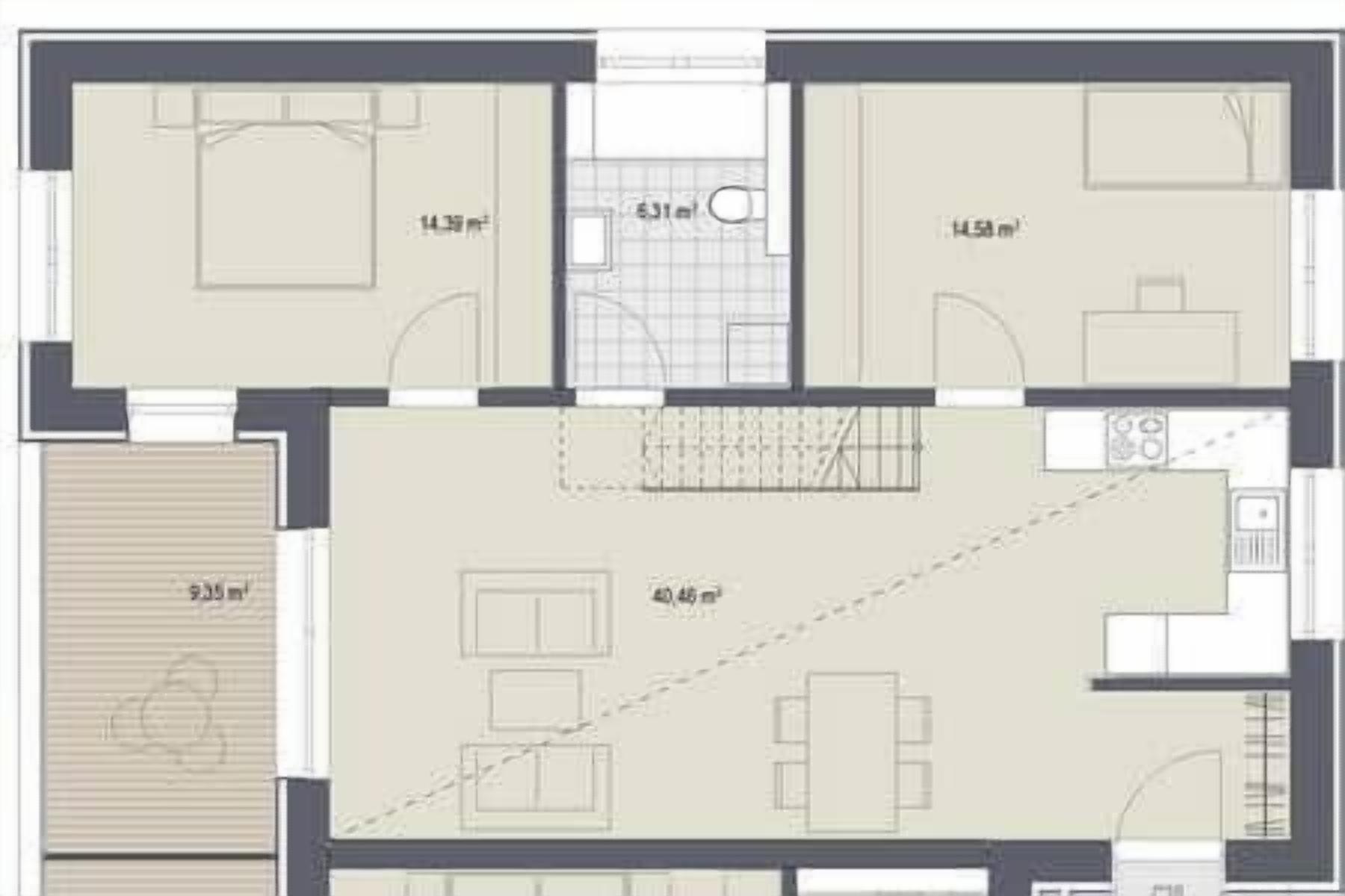 Ein Grundriss mit Wohnzimmer, Küche, Essbereich, zwei Schlafzimmern und einem Badezimmer.