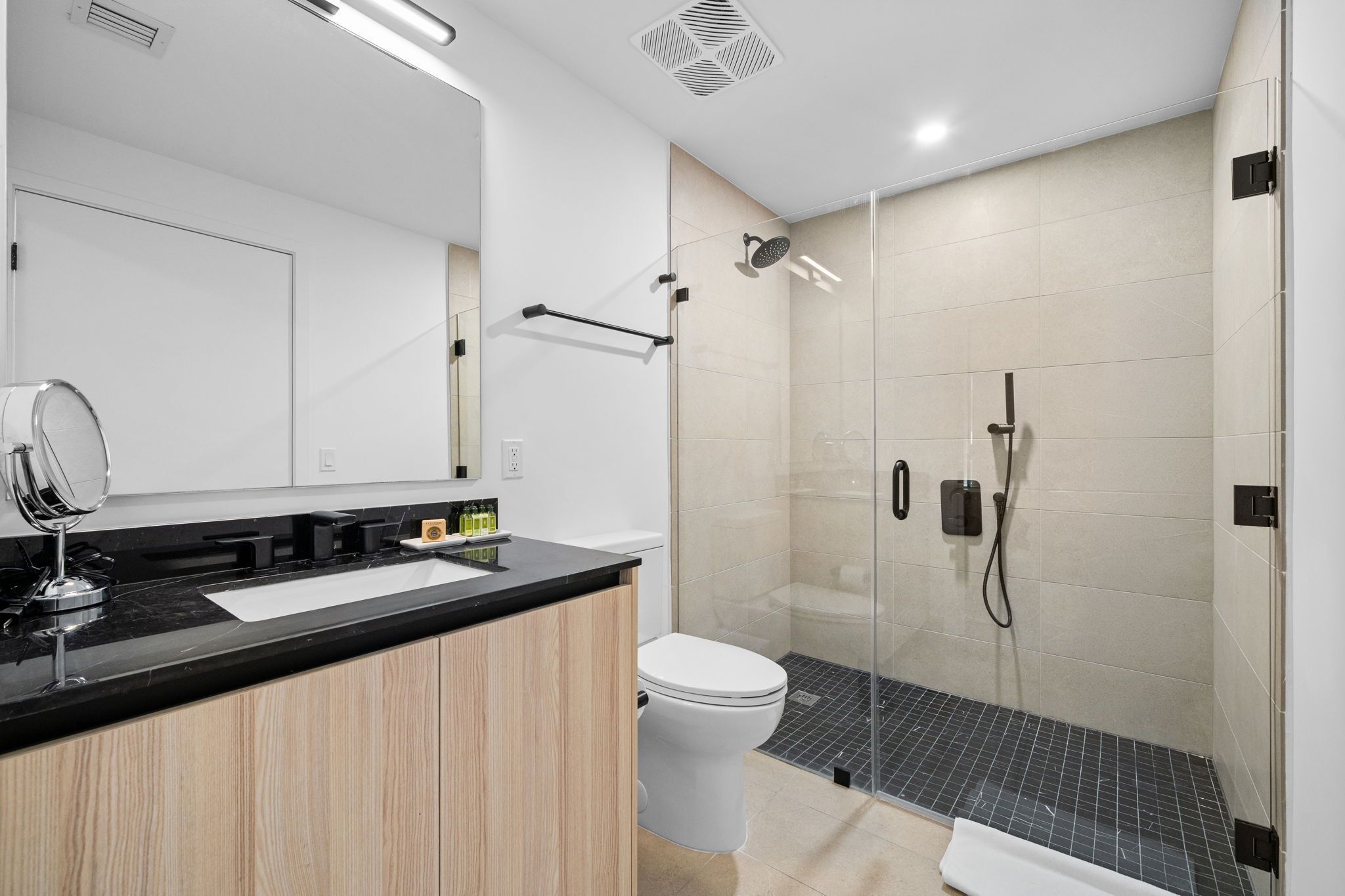 A modern bathroom with a glass-enclosed shower, a vanity with a mirror and sink, and a toilet.